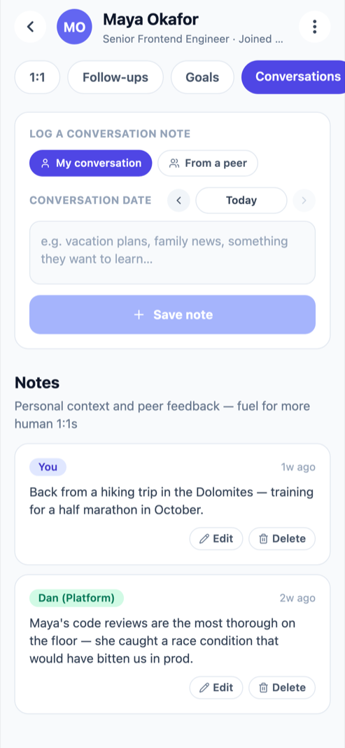 The conversations screen: a personal note from the manager and a piece of peer feedback, each editable.