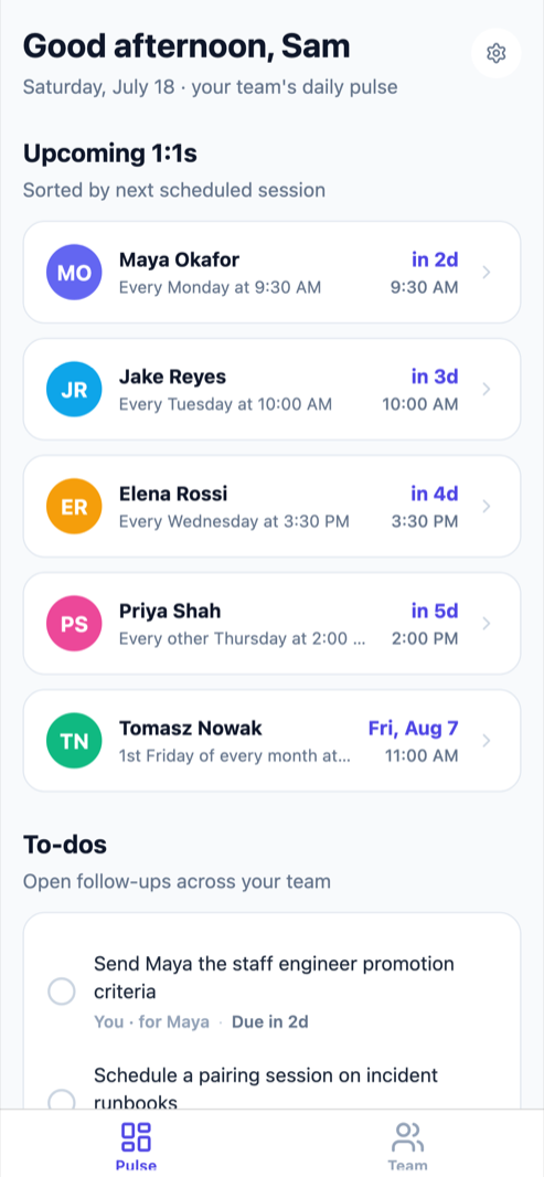 The Stairs Pulse screen: upcoming 1:1s for five direct reports sorted by next session, and open to-dos across the team.